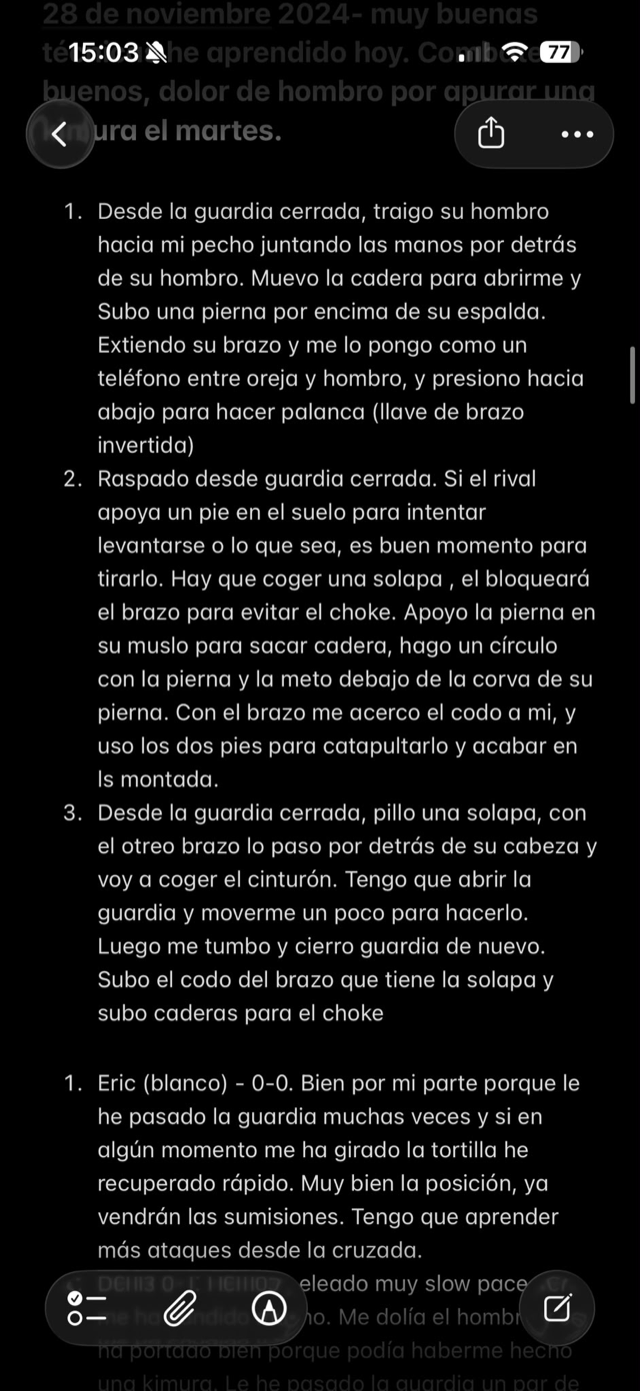 Nota real del móvil: técnicas y combates apuntados en párrafos